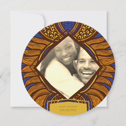 African Ankara Blue Gold Floral Save the Date (Vorderseite)