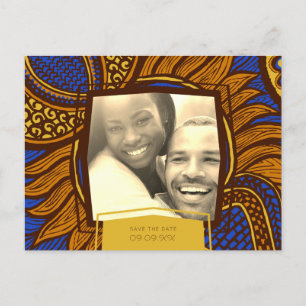 African Ankara Blue Gold Floral Save the Date Ankündigungspostkarte