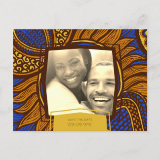African Ankara Blue Gold Floral Save the Date Ankündigungspostkarte
