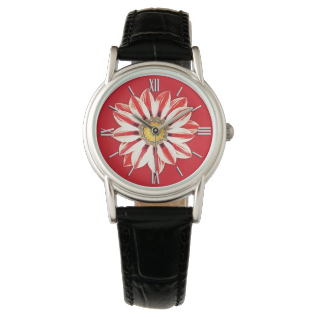 African Daisy / Gazania - Rot und Weiß gestreift Armbanduhr (Vorderseite)