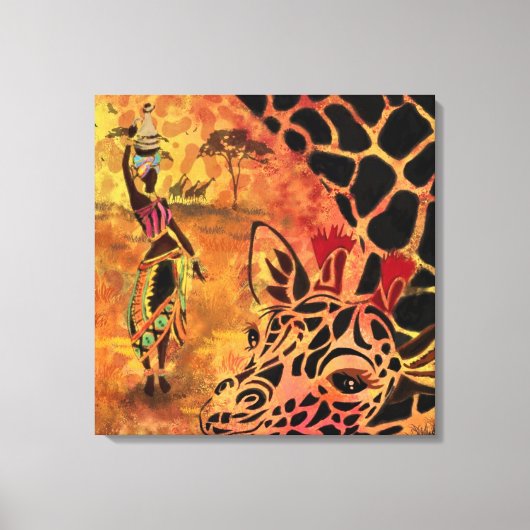 African Girl and Giraffe - Friends - Art Zeichn - Leinwanddruck (Vorderseite)