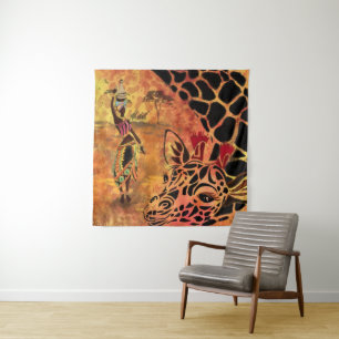 African Girl and Giraffe - Friends - Art Zeichn - Wandteppich