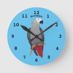 African grey parrot cartoon illustration  runde wanduhr