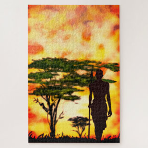 African Hunter with Spear - Sunset Puzzle