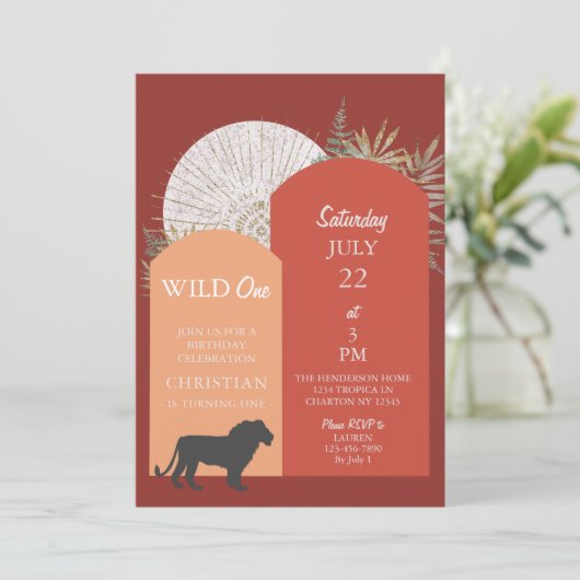 African Jungle Safari Lion Wild One Einladung (Stehend Vorderseite)