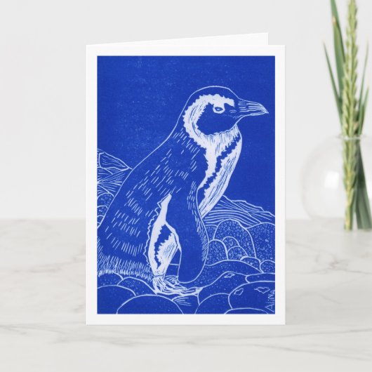 African Penguin Blue Linocut Grußkarte Karte (Vorderseite)
