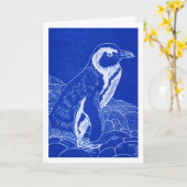 African Penguin Blue Linocut Grußkarte Karte (Gelbe Blume)