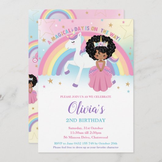 African Princess Unicorn Birthday Party Rainbow Einladung (Vorne/Hinten)