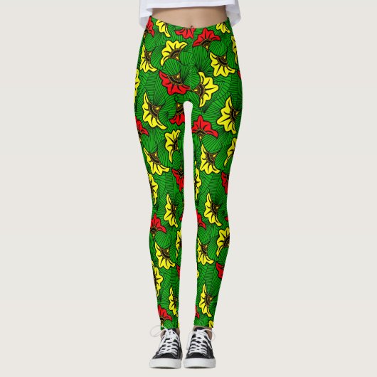 African Print Bold Ankara Floral Gemustert Leggings (Vorderseite)