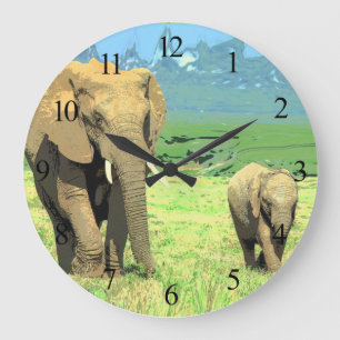 African Safari Elephants Large Clock Große Wanduhr