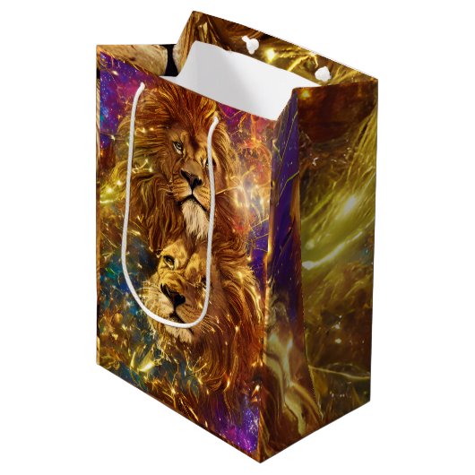 African Safari Fantasy Lions Mittlere Geschenktüte (Vorderseite Schrägansicht)