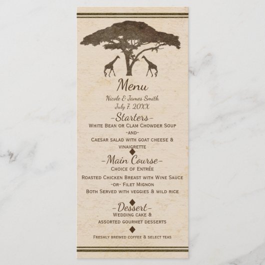 African Safari Giraffes Tree Vintage Wedding Menu Menükarte (Vorderseite)