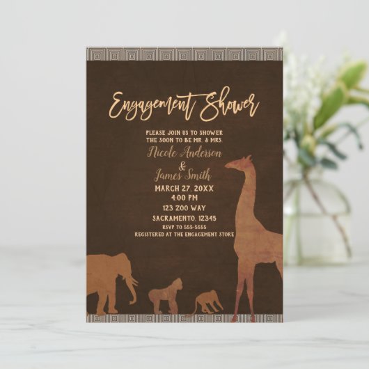 African Safari Jungle Zoo Braun Verlobung Dusche Einladung (Stehend Vorderseite)