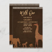 African Safari Jungle Zoo Brown WILD ONE 1. Party Einladung (Vorne/Hinten)