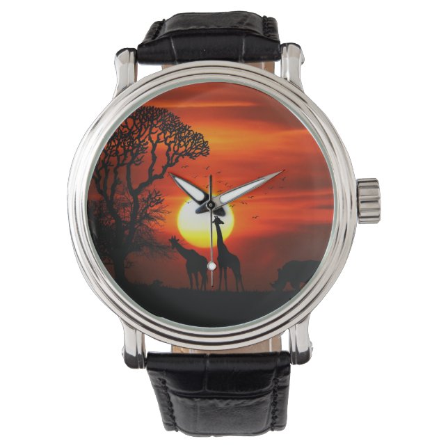 African Safari Sunset Animal Silhouetten Armbanduhr (Vorderseite)