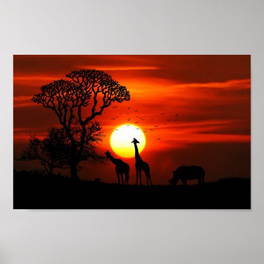 African Safari Sunset Animal Silhouetten Poster (Vorne)