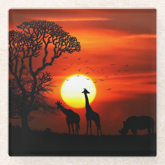 African Safari Sunset Animal Silhouettes Glasuntersetzer (Vorderseite)
