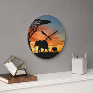 African Safari Sunset Elephant Silhouette Art Große Wanduhr