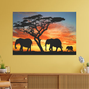 African Safari Sunset Elephant Silhouette Art Leinwanddruck