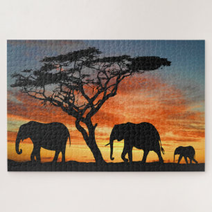 African Safari Sunset Elephant Silhouette Art Puzzle