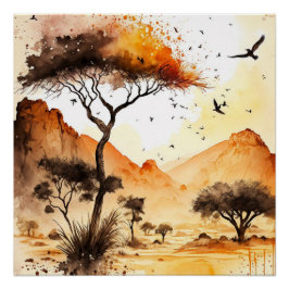 African Safari Sunset Watercolor mit Acacia Tree Poster