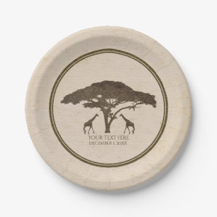 African Safari Two Giraffs & Tree Vintage Wedding Pappteller