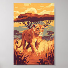 African Savannah Lion - Wildlife Sunset Art Poster