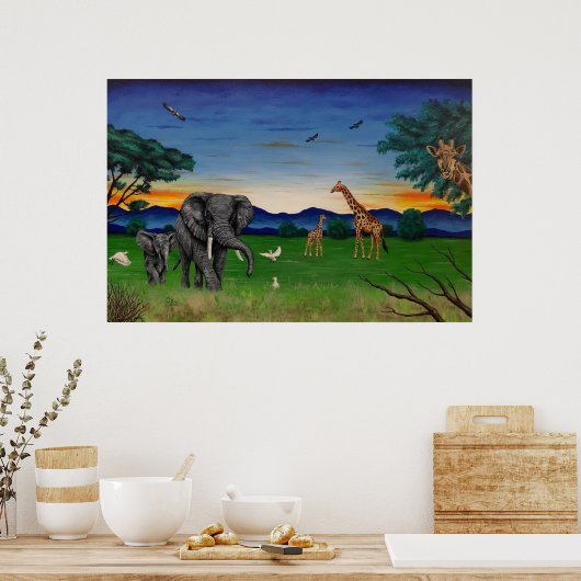 "African Sunset" Elephant Giraffe Art Poster Print (Küche)