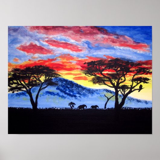 African Sunset Safari Animal Silhouette Malerei Poster (Vorne)