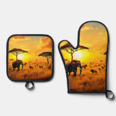 African Sunset Safari Majestät Design Ofenhandschuh & Topflappen-Set (Vorderseite)