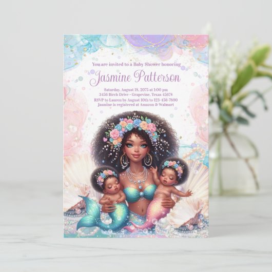 African Twin Mermaid Baby Shower Einladung (Stehend Vorderseite)