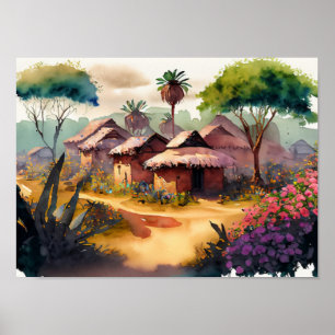 African Village Watercolor Digitale Kunst Poster
