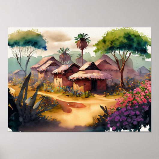 African Village Watercolor Digitale Kunst Poster (Vorne)