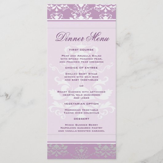 African Violet & Silver Damask Slim Dinner Menu Menükarte (Vorderseite)