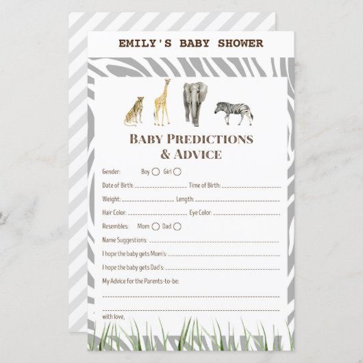 African Wild Baby Shower Game PRINTED (Vorne/Hinten)