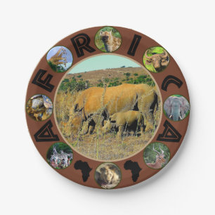 African Wildlife Circle Collage Rhino Reeds Pappteller