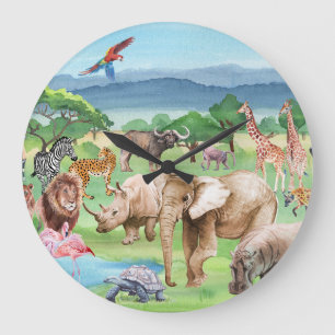 African Wildlife: Savannah Watercolor Wallpaper. Große Wanduhr