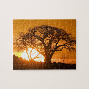 Afrika, Botsuana, Untergehende Sonne silhouettiert Puzzle