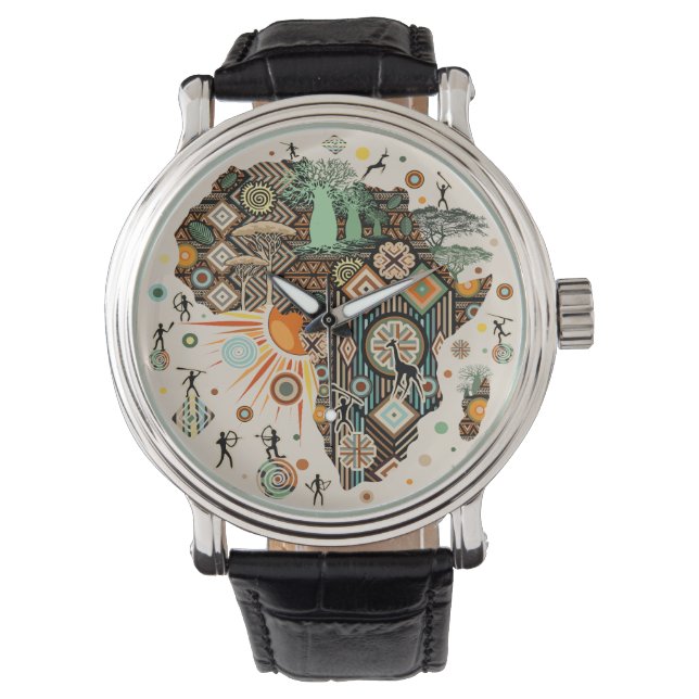 Afrika-Karte Dekorative Stammes-Elemente Muster Armbanduhr (Vorderseite)