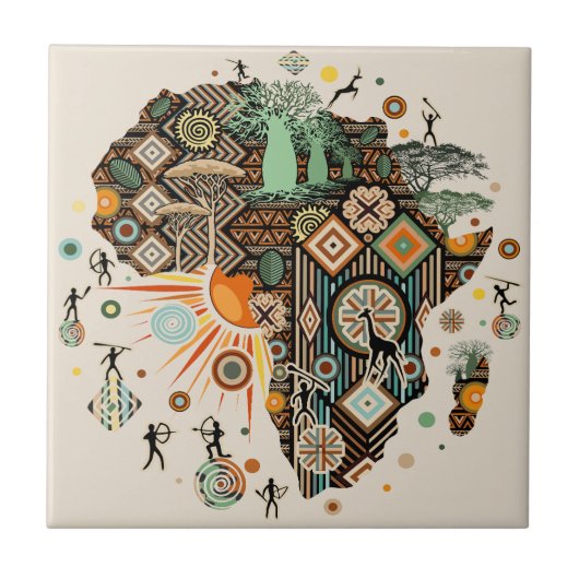 Afrika-Karte Dekorative Stammes-Elemente Muster Fliese (Vorderseite)