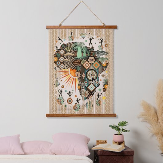Afrika-Karte Dekorative Stammes-Elemente Muster Wandteppich Mit Holzrahmen (Schlafzimmer)