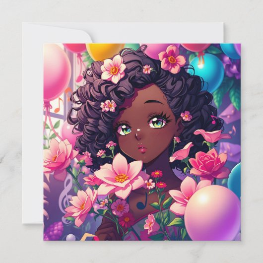 Afrikanisch-amerikanische Anime Girl Birthday Einladung (Vorderseite)