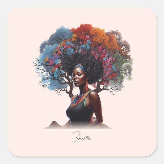 Afrikanisch-amerikanische Frau mit baumgeschmückte Quadratischer Aufkleber (Vorderseite)