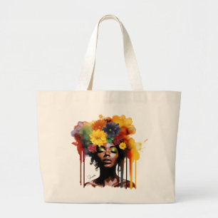 Afrikanisch-amerikanische Frau mit geblümtem Afro- Jumbo Stoffbeutel