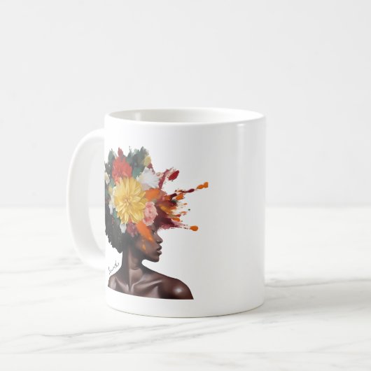 Afrikanisch-amerikanische Frau mit geblümtem Afro- Kaffeetasse (Vorderseite Links)