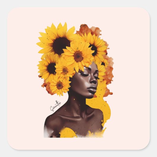 Afrikanisch-amerikanische Frau mit Sonnenblume Afr Quadratischer Aufkleber (Vorderseite)