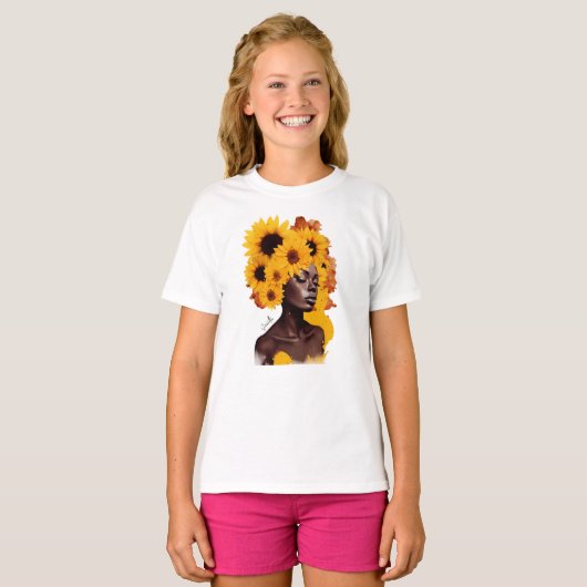 Afrikanisch-amerikanische Frau mit Sonnenblume Afr T-Shirt (Vorne ganz)