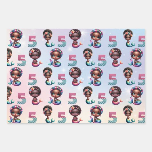 Afrikanisch-Amerikanische Meerjungfrau 5. Geburtst Geschenkpapier Set (Vorderseite 3)