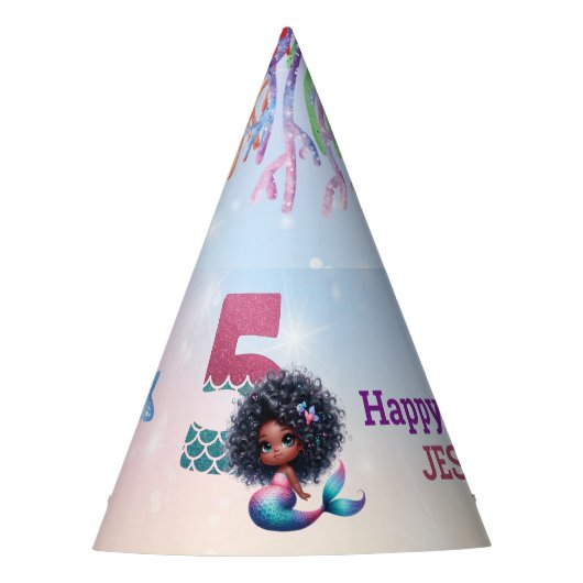 Afrikanisch-Amerikanische Meerjungfrau 5. Geburtst Partyhütchen (Vorderseite)