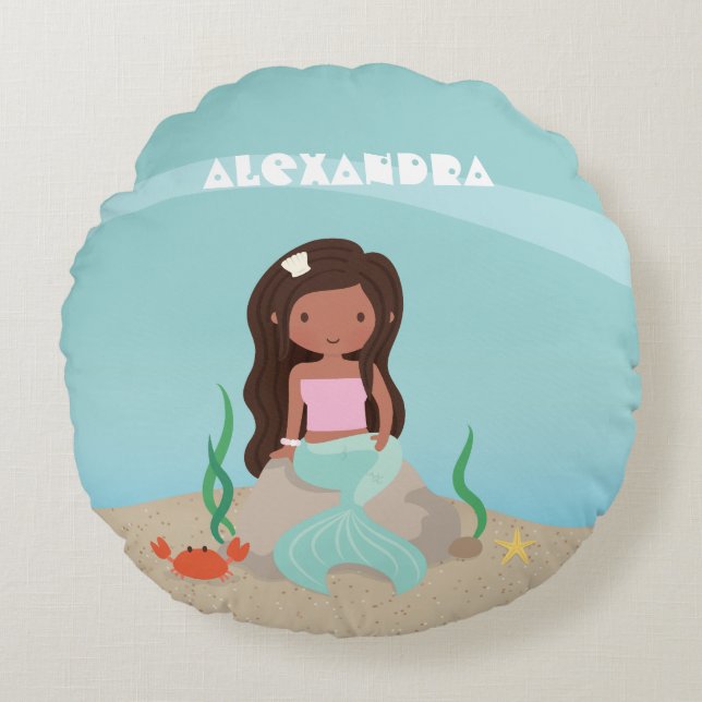 Afrikanisch-amerikanische Meerjungfrauen Zimmerdek Rundes Kissen (Vorderseite)